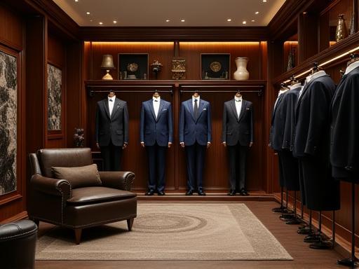 Elegant interior of Harrison & Co. formalwear store with suits displayed