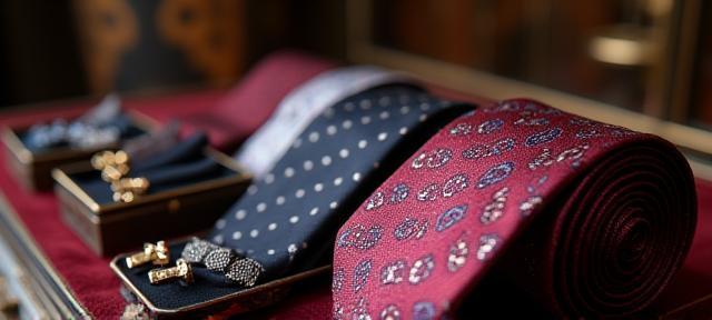 Display of finely crafted ties, pocket squares, and other formal accessories