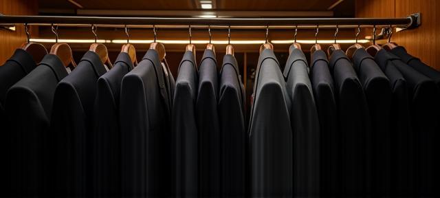 Interior view showing carefully arranged racks of high-quality suits at Harrison & Co.