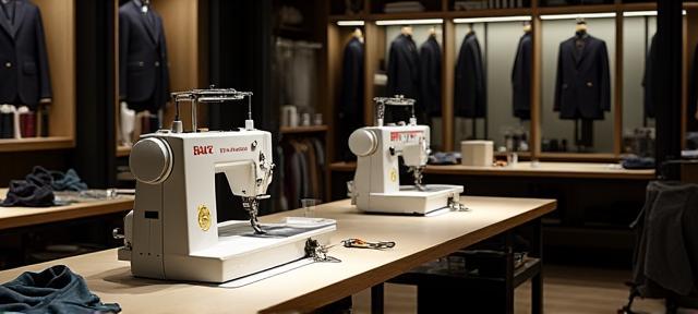 View of the in-store tailoring workshop area with equipment and fabric